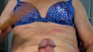 Slapping my cock and tits and masturbating in sexy blue bra.