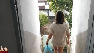 Wife's cuckold walking without panties outdoor